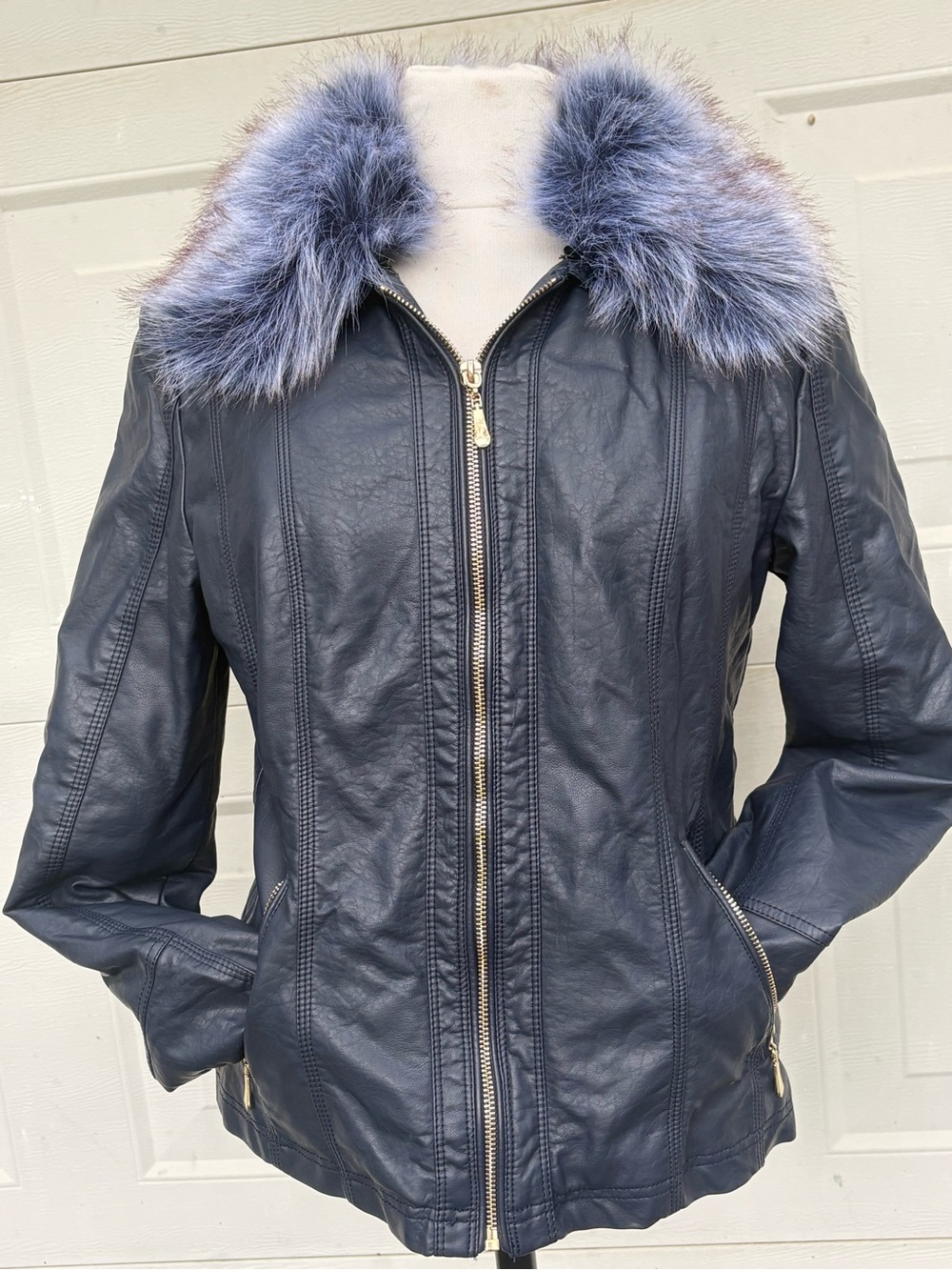 Suzy D London Navy Blue Faux Leather Hooded Jacket Size M Flaws
